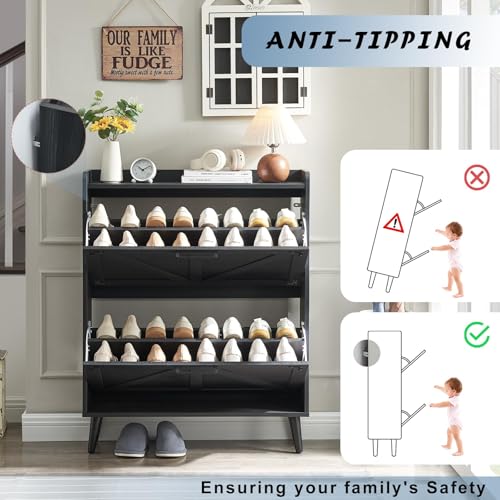 Barnyatoh Shoe Storage Cabinet with 2 Flip Drawers,Hidden Shoe Organizer | Farmhouse Freestanding Narrow Slim Shoes Rack Cabinet with Adjustable Shelves for Entryway Hallway,Black - color: Black