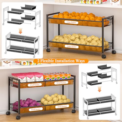 3IngSeagulls 2-Tier Expandable Rolling Pantry Floor Organizer, Stackable Pantry Storage Cart with Wheels, Kitchen Fruit and Vegetable Storage Rack for Onion, Potato, Food, Snacks