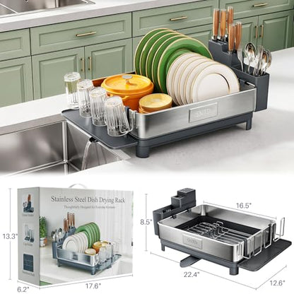 SNTD 304 Stainless Steel Dish Drying Rack for Small Kitchen Counter, Grey | Rustproof, Large Capacity, Heavy-Duty Frame, Rotating Spout, Angled Drainboard, Removable Cup & Utensil Holder - color: Gray
