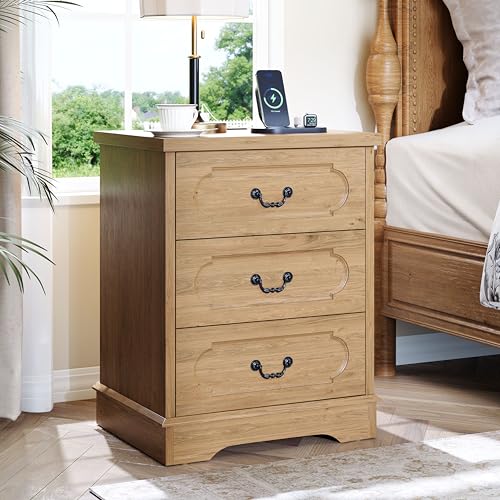 3 Drawer Dresser for Bedroom Natural Bedroom Dresser with Charging Station | Farmhouse Wood Chest of Drawers, Rustic Small Drawers Dressers Nightstand Wooden Closet Storage Cabinet, Living Room - color: Natural, size: 15.7"D x 17.7"W x 26.2"H (3 Drawers)