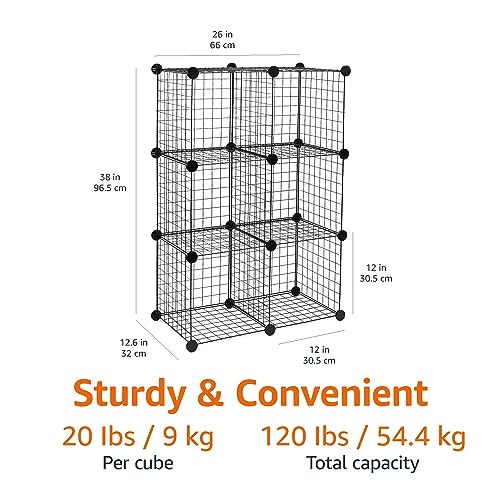 Amazon Basics 6-Cube Wire Grid Stackable Storage Organizer, Metal Shelving Unit, No-Tool Assembly, 26"W x 38"H x 12.6"D, Black - color: Black