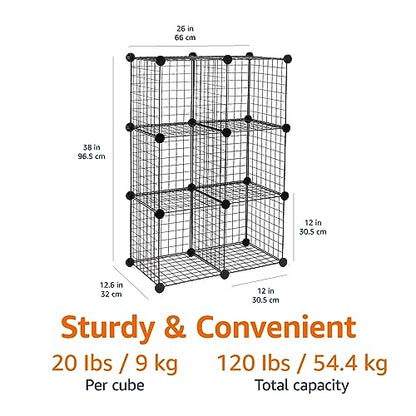 Amazon Basics 6-Cube Wire Grid Stackable Storage Organizer, Metal Shelving Unit, No-Tool Assembly, 26"W x 38"H x 12.6"D, Black - color: Black