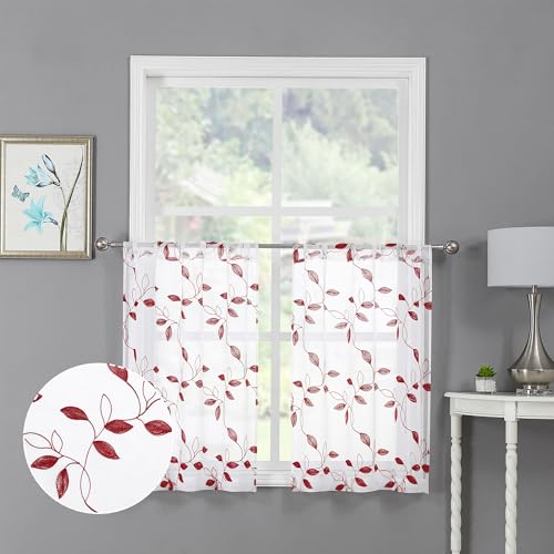Tollpiz Burgundy Red Leaf Sheer Tier Curtain Kitchen 30 x 36 Inches | Leaves Embroidered Curtains Rod Pocket Voile Bathroom Window Treatment for Cafe, Set of 2 Panels - color: Burgundy Red, size: 30"W x 36"L (Pack of 2)