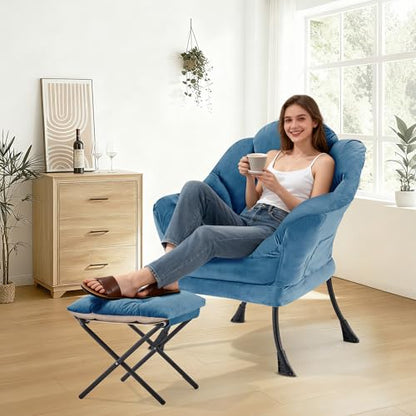 Lazy Chair with Ottoman, Modern Accent Lounge Chair with Side Pocket and Armrests, Cozy Reading Armchair with Footrest, Upholstered Sofa Chair for Small Spaces, Bedroom Living Room, Blue - color: Blue