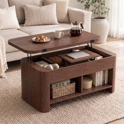 37.5" Lift Top Coffee Table with Storage, Farmhouse Coffee Table with Hidden Compartment & Open Shelf, Lifting Tabletop, for Living Room, Home Office - color: Brown