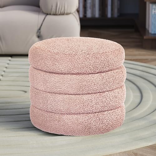 allamazing Storage Ottoman, Round Ottoman with Storage, Vanity Stool Foot Rest with Removable Lid, Round Boucle Upholstered for Living Room Pouf Footstool (Pink) - color: Pink
