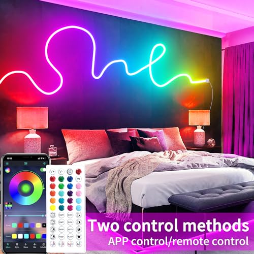 segrass 50ft RGB LED neon Rope Lights LED neon Lights with Remote Control/APP Control IP65 Waterproof Flexible Neon LED Strip Lights for Bedroom Room Outdoors Décor - size: 50ft