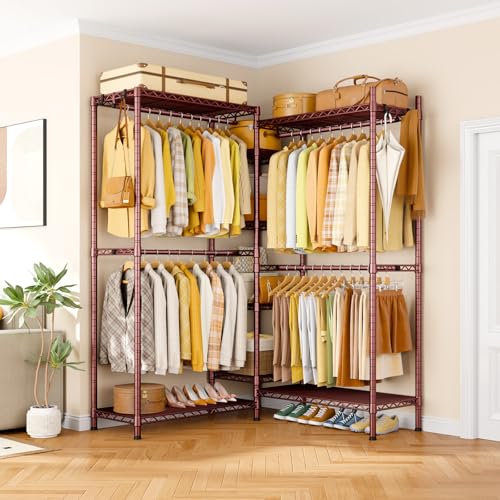E4L L-shaped Clothes Rack, Heavy-Duty Garment Rack, Metal Freestanding Clothing Organization Storage System with Shelves and Hangers, Max Load 962lbs, 42.7" W x 42.7" D x 79.3" H, Bronze - color: Bronze