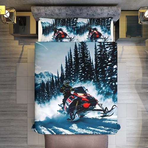 3 Piece Cool Snowmobile Bedding Set - Ultra Soft Fabric & Double-Sided Print, Breathable Comforter Set with 1 Quilt Cover & 2 Pillowcases for Home Hotel, 86"x70" - size: 86"x70"