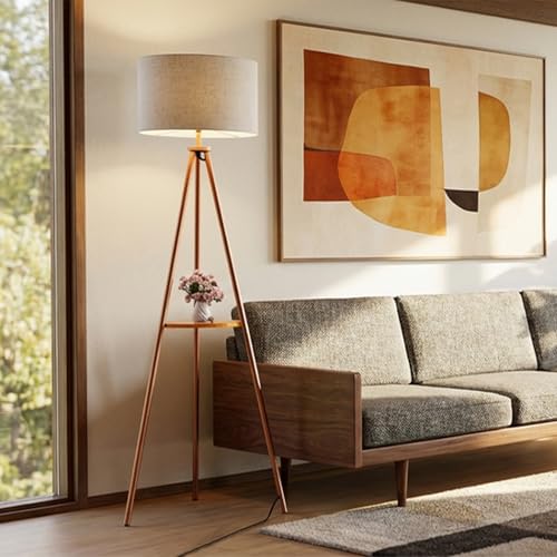 58.3" Mid-Century Tripod Floor Lamp with Shelf, Hidden Wiring, RGB Dimmable Bulb Included, Remote & App Control, Iron Corner Standing Lamp with Linen Shade for Living Room Bedroom