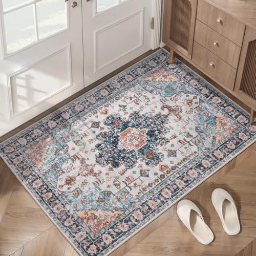 Tangsoo Vintage 2x3 Washable Rugs for Entryway, Non Slip Small Area Rug | Oriental Indoor Front Door Rug, Door Mat Small Carpet, Boho Soft Low Pile Throw Rugs for Entrance Entry Kitchen Bathroom Blue - color: Blue/Orange, size: 2' X 3' (Rectangular)