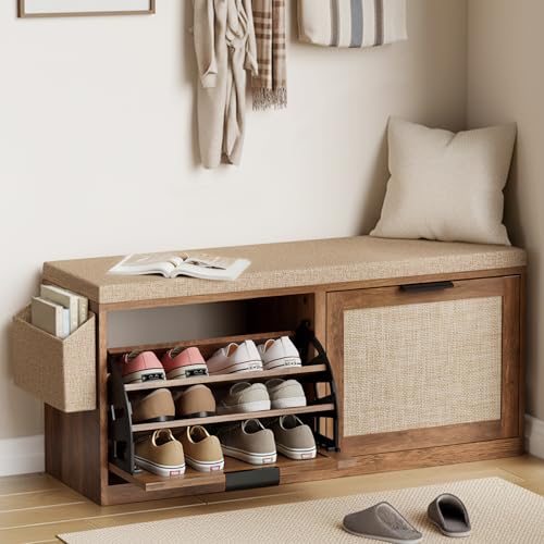 HOMMPA Shoe Storage Bench, Entryway Bench with Shoe Storage & 2 Flip Drawer & Seat Cushion, Rattan Hidden Shoe Rack Bench, Wooden Entry Way Shoe Cabinet for Hallway, Bedroom, Mudroom