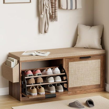 HOMMPA Shoe Storage Bench, Entryway Bench with Shoe Storage & 2 Flip Drawer & Seat Cushion, Rattan Hidden Shoe Rack Bench, Wooden Entry Way Shoe Cabinet for Hallway, Bedroom, Mudroom