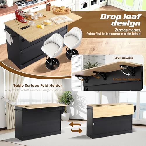 60" Kitchen Island with Power Outlet, Drop Leaf, Trash Can Storage | Rolling Kitchen Island Table Cart Cabinet with Drawer, Mobile Kitchen Cabinet on Wheels w/Spice Rack, Towel Bar, Hooks - color: Black, size: 60"