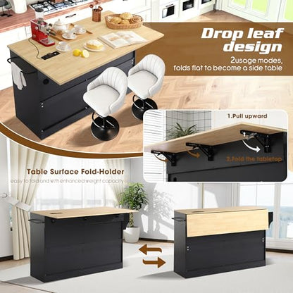 60" Kitchen Island with Power Outlet, Drop Leaf, Trash Can Storage | Rolling Kitchen Island Table Cart Cabinet with Drawer, Mobile Kitchen Cabinet on Wheels w/Spice Rack, Towel Bar, Hooks - color: Black, size: 60"