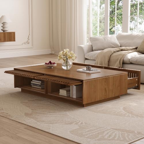 47.2" Solid Wood Coffee Table with Storage Drawers, Walnut | Rectangular Center Table, Low Profile Wooden Cocktail Table, Mid Century Farmhouse Tea Table, for Living Room - color: 47.2" Solid Wood Coffee Table, Walnut