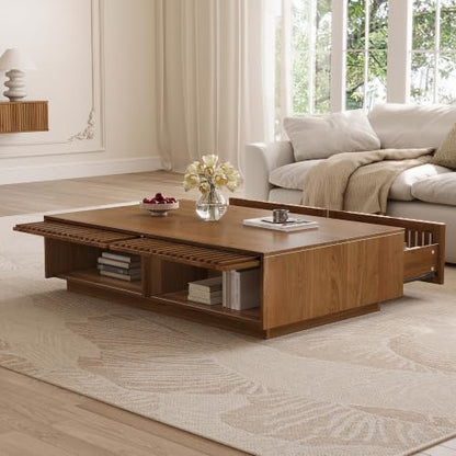 47.2" Solid Wood Coffee Table with Storage Drawers, Walnut | Rectangular Center Table, Low Profile Wooden Cocktail Table, Mid Century Farmhouse Tea Table, for Living Room - color: 47.2" Solid Wood Coffee Table, Walnut