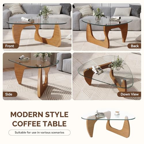 Modern Glass Coffee Table, Triangle Center Table with Tempered Glass Top& Unique Wooden Base, 31.5” Mid Century Tea Tables for Living Room, Apartment, Office,Wood &Transparent - color: Wood & Transparent, size: Small 31.5*19*15.7in