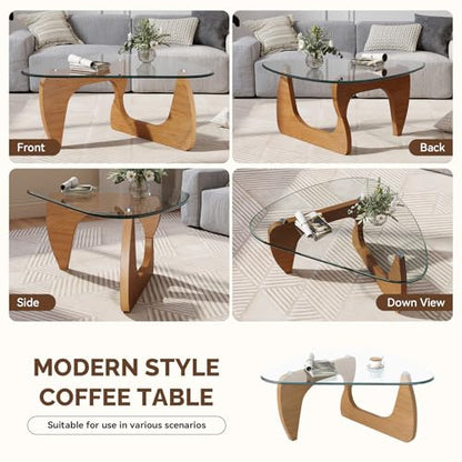 Modern Glass Coffee Table, Triangle Center Table with Tempered Glass Top& Unique Wooden Base, 31.5” Mid Century Tea Tables for Living Room, Apartment, Office,Wood &Transparent - color: Wood & Transparent, size: Small 31.5*19*15.7in