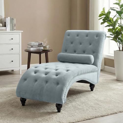 Button-Tufted Chaise Lounge Indoor, Velvet Chaise Lounge Chair with Legs & Toss Pillow, Armless Rolled Backrest Leisure Sofa Recliner for Living Room Bedroom (Gray) - color: Grey