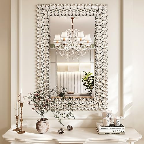 Kelly Miller 24"x36" Jeweled Luxury Rectangle Decorative Wall Mirror | Elegant diamond beveled vanity mirror. Perfect Large wall mirror for living room, bathroom, entryway. - size: 36"L x 24"W