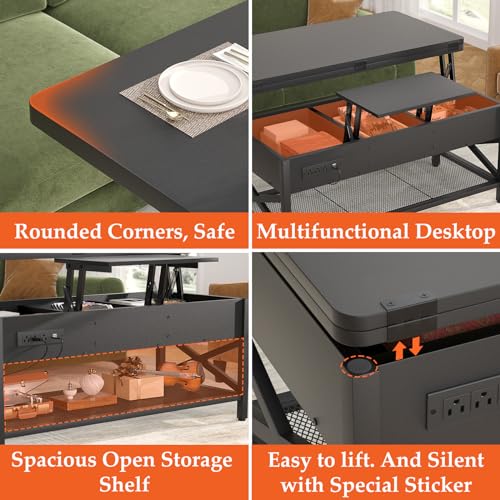 Aheaplus Lift Top Coffee Table with LED Light, Power Outlet & Shelves - Black - color: Black
