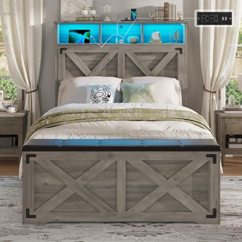 Farmhouse Bed Frame Twin Size with Storage Headboard, Charging Station and LED Light, Wooden Twin Bed Frame with Storage Ottoman, Barn Door Design, No Box Spring Needed, No Noise (Oak Grey) - color: Oak Grey, size: Twin