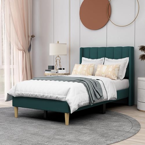 AGARTT Upholstered Platform Bed Frame Twin Size, Ink Green Velvet | Headboard and Footboard/Wooden Slats Support/No Box Spring Needed/Easy Assembly - color: Ink Green Velvet, size: Twin