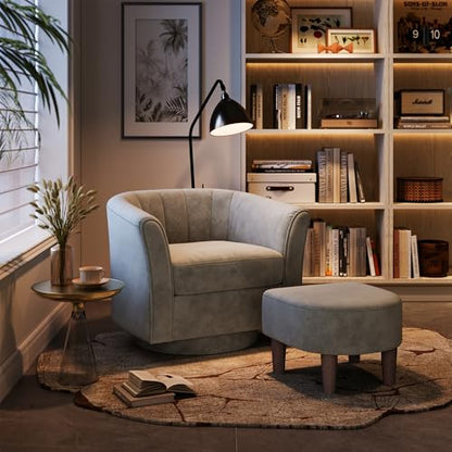 LINSY Large Swivel Accent Chair with Ottoman, Velvet Barrel Chair with Footrest, Modern Upholstered Comfy Reading Chair Armchair for Living Room, Bedroom, Study Room, Office, Grey - color: Grey, size: Large