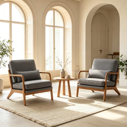 Karl home Mid-Century Modern Accent Reading Chair, Grey | Linen Upholstered, Solid Wood Frame, Soft Cushion, Lumbar Pillow, Lounge Armchair for Living Room, Bedroom, Balcony, Study - color: Linen Gray