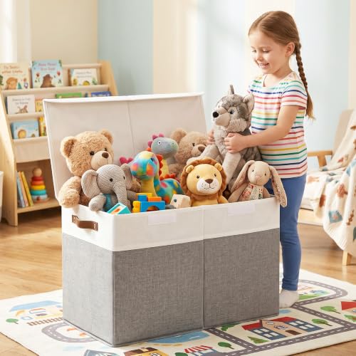 Large Toy Storage Box with Lids, Collapsible Sturdy Baby Storage Organizer Chest Bin Basket for Kids, Boys, Girls, Playroom, Nursery, Bedroom, Closet 25"x13"x16" (Gray and White) - color: Gray and White