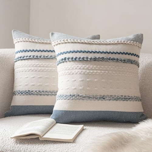 Cethom Boho Throw Pillow Covers 18x18 Inch Set of 2, Blue Textured Decorative Couch Pillow Cases for Farmhouse Home Decor, Accent Cushion Cover for Sofa, Bed, Living Room, Bedroom - color: Blue, size: 18" x 18" (Pack of 2)
