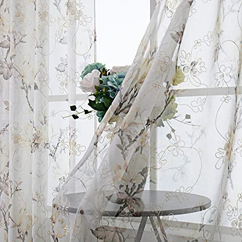 Tollpiz Floral Short White Sheer Tier Curtains Flower Print Vine Embroidery Kitchen Half Curtain Rod Pocket Café Voile Window Curtains for Bathroom, 30 x 24 inches Long, Set of 2 Panels - color: White, size: 30"W x 24"L (Pack of 2)
