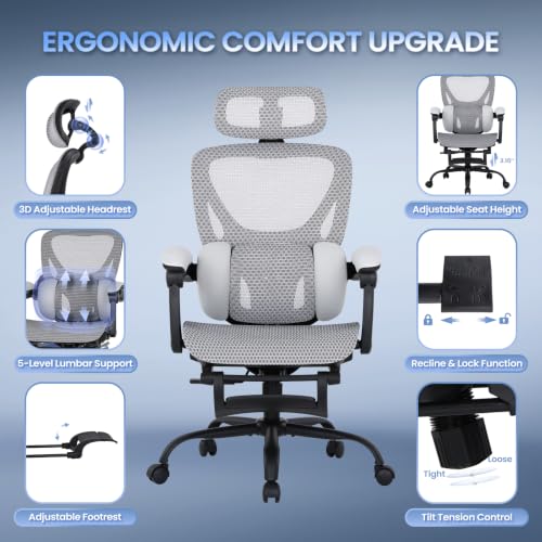 MALOL Ergonomic Mesh Office Chair with Footrest, Executive High Back Computer Desk Chair with 3D Adjustable Headrest & 5-Level Lumbar Support, Track Armrest, Tilt Lock, 300LBS, White - color: White