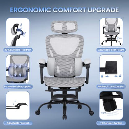 MALOL Ergonomic Mesh Office Chair with Footrest, Executive High Back Computer Desk Chair with 3D Adjustable Headrest & 5-Level Lumbar Support, Track Armrest, Tilt Lock, 300LBS, White - color: White