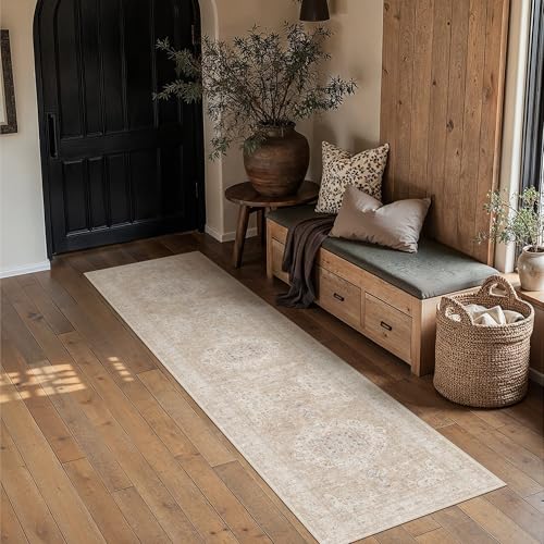 Hallway 2x8 Runner Rugs Washable Rugs | Living Room Rug,Vintage Rug,Bedroom,Dining Room,Office,Farmhouse,Non-Shedding,Non Slip,Low Pile,Soft - color: Beige Ⅱ, size: 2' x 8' (Runner)