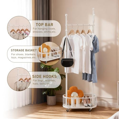 Free Standing Rolling Clothes Rack with Wheels Coat Rack - White | Small Narrow Cloth Hanger Metal Garment Racks for Bedroom Livingroom Lab Dress Shirts Rack with Storage Shelves - color: WHITE