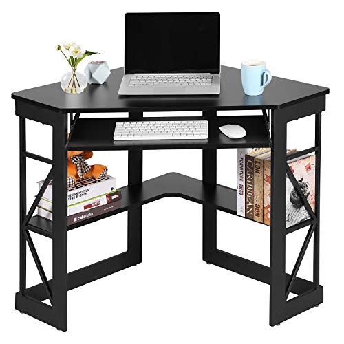 VECELO Corner Computer Desk 41 x 30 inches with Smooth Keyboard & Storage Shelves for Home Office Workstation, Black - color: Black