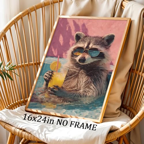 Oiyehokeul Animal Drinking Wall Art Funky Animal Posters Raccoon in Bathtub Wall Art Whimsical Artwork Trendy Aesthetic Pictures Raccoon Bathroom Poster Preppy Pink Cocktail Print 16x24in Frameless - color: G1Unframed