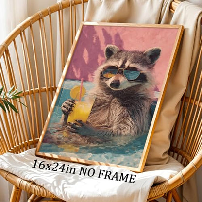 Oiyehokeul Animal Drinking Wall Art Funky Animal Posters Raccoon in Bathtub Wall Art Whimsical Artwork Trendy Aesthetic Pictures Raccoon Bathroom Poster Preppy Pink Cocktail Print 16x24in Frameless - color: G1Unframed