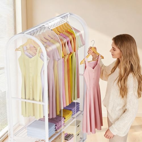 Univivi Rolling Clothes Rack with Clear Dust Cover and Bottom Storage Shelf | Heavy-Duty Metal Frame Clothing Rack, Clear Dustproof Cover, 360° Rotation Wheels, Portable Closet for Bedroom, Laundry Room - color: White Rack with Clear Cover