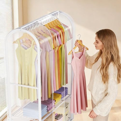 Univivi Rolling Clothes Rack with Clear Dust Cover and Bottom Storage Shelf | Heavy-Duty Metal Frame Clothing Rack, Clear Dustproof Cover, 360° Rotation Wheels, Portable Closet for Bedroom, Laundry Room - color: White Rack with Clear Cover