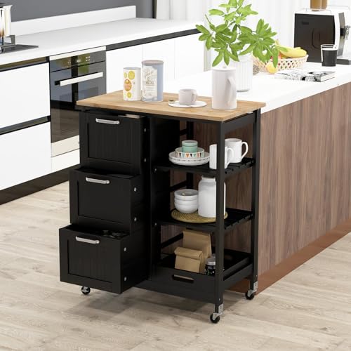 COSTWAY Kitchen Storage Island Cart on Wheels, Kitchen Rolling Trolley Cart with 3 Drawers and Shelves, 360° Wheels & Detachable Tray, Utility Cart for Dining Room, Living Room & Bedroom (Black) - color: Black
