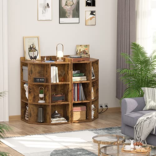 Aheaplus Corner Cabinet, Corner Storage with USB Ports and Outlets, Corners Cube Toy Storage for Small Space, Wooden Corners Bookshelf with 9 Cubes for Playroom, Bedroom, Living Room, Rustic Brown - color: Rustic Brown, size: 4-Tier