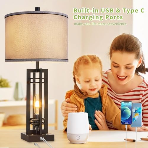 Set of 2 Farmhouse Table Lamps for Living Room,27-inch Bedside Lamps | Grey Shade Desk Lamps with USB A+C Ports, 3-Level Dimmable Touch Light, 4 LED Bulbs Included, Bedroom Home Office Nightstand - color: Gray