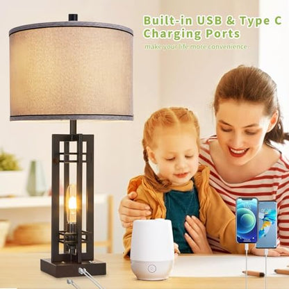 Set of 2 Farmhouse Table Lamps for Living Room,27-inch Bedside Lamps | Grey Shade Desk Lamps with USB A+C Ports, 3-Level Dimmable Touch Light, 4 LED Bulbs Included, Bedroom Home Office Nightstand - color: Gray