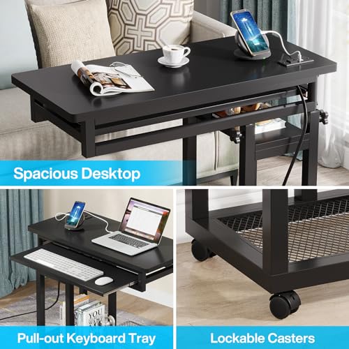 Tribesigns Small Portable Desk with Power Outlet, Height Adjustable Sofa Couch Bedside Laptop Table with Wheels, Mobile Standing Desk Rolling Computer Cart C Side Table with USB Ports - color: Black
