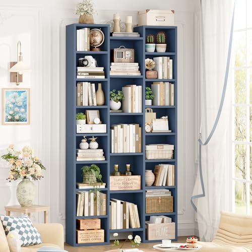 FOTOSOK 71'' H Bookshelf with 21 Cubes, Triple Wide Tall Bookshelf Blue | 8 Tier Bookcase with 8 Adjustable Shelves, Large Bookshelf DVD/CD Media Tower Storage, Freestanding Display Shelf Cabinet - color: Blue