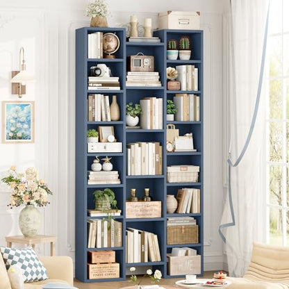FOTOSOK 71'' H Bookshelf with 21 Cubes, Triple Wide Tall Bookshelf Blue | 8 Tier Bookcase with 8 Adjustable Shelves, Large Bookshelf DVD/CD Media Tower Storage, Freestanding Display Shelf Cabinet - color: Blue