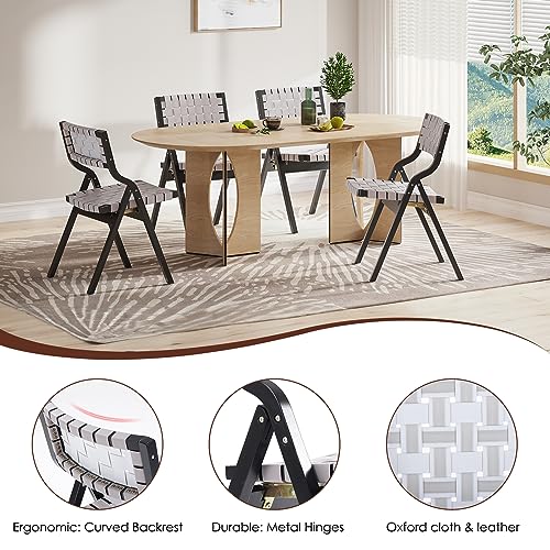 Wood Folding Chairs, Foldable Chairs Wooden Indoor Stackable Dining Chairs for Kitchen & Dining Room Chair Woven Seat & Webbing Back, Dining Chair Set of 2 - color: Light Gray/Black, Pu Leather